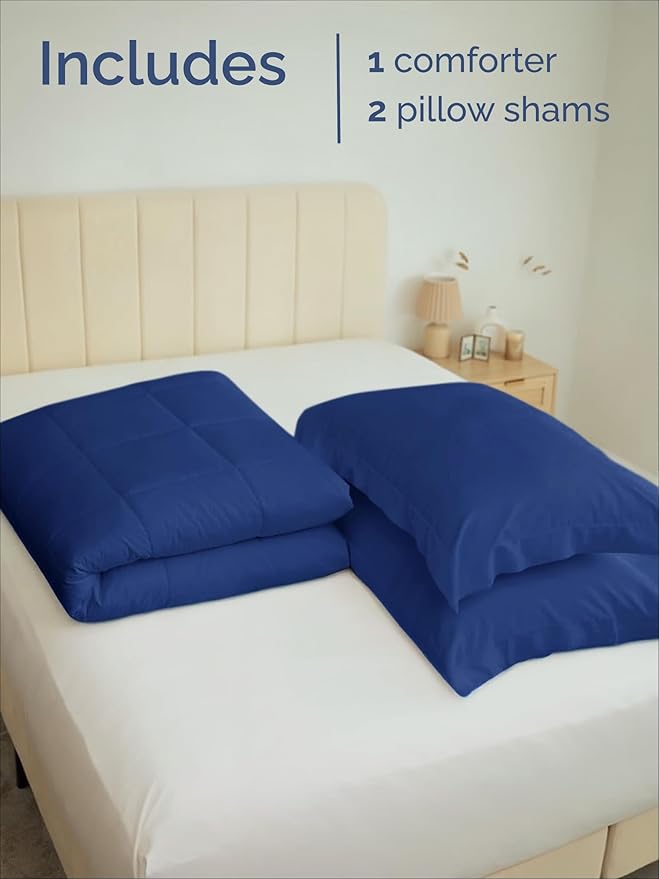 Full Comforter Set - 3 Piece Bed Set for All Seasons - 1 Soft Quilted Comforter w/ Corner Tabs & 2 Pillow Shams - Comfy, Cozy & Breathable - Premium Down Duvet Insert - Full Size, Navy Blue/Sky Blue