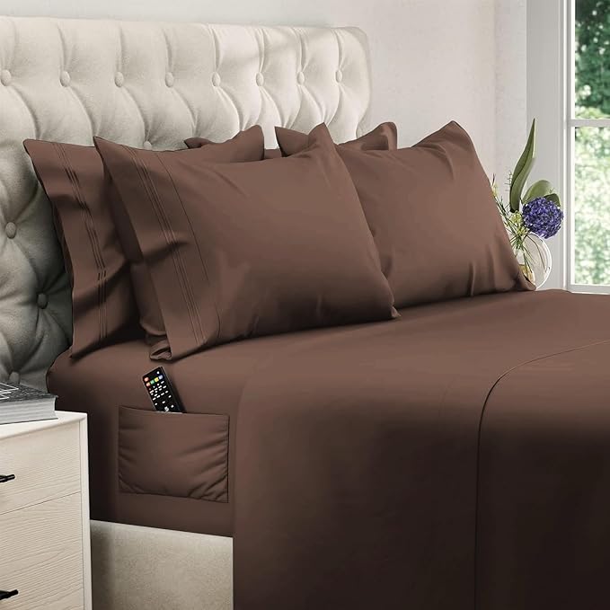 DREAMCARE King Size Sheets Set - 6 pcs Breathable Cooling Bed Sheets - up to 21" Extra Deep Pocket King Sheet Set with Side Pockets -Extra Soft 100% Brushed Hypoallergenic Hotel Luxury Bedding M-Brown