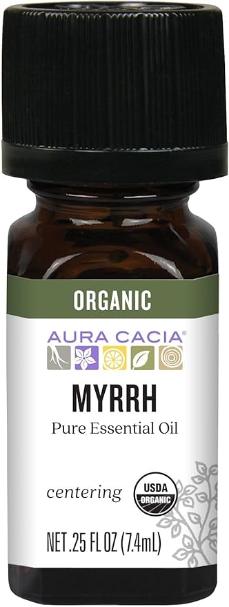 Aura Cacia Organic Myrrh Oil, Natural Myrrh Essential Oil for Skin & Hair Care, Aromatherapy, Body Massage & Humidifiers, Vegan | 0.25 Fl Oz (Pack of 1)