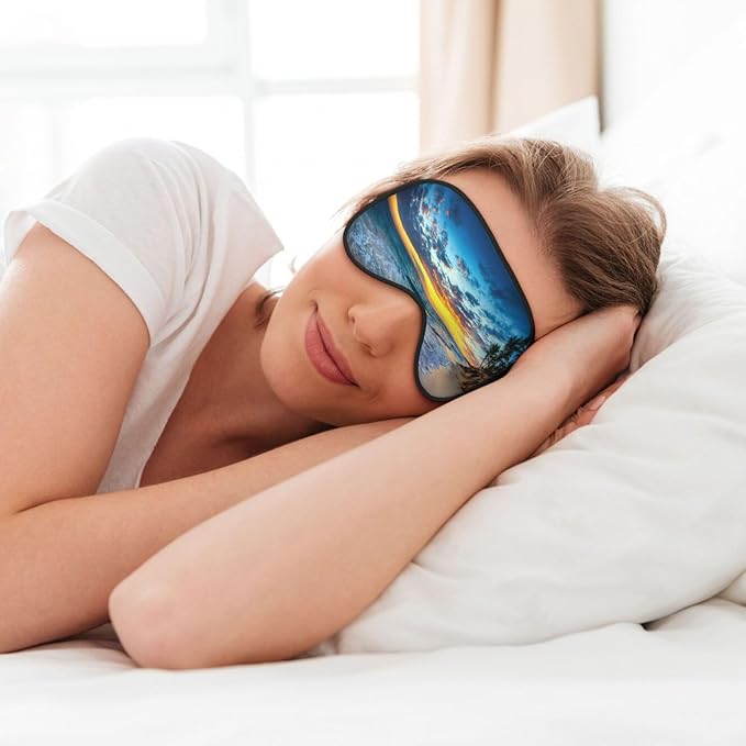 Orange Sunrise Over the Beach Sleep Mask Eye Mask with Adjustable Strap Eye Sleep Shade Cover Blocks Light for Women Men Airplane Travel Nap
