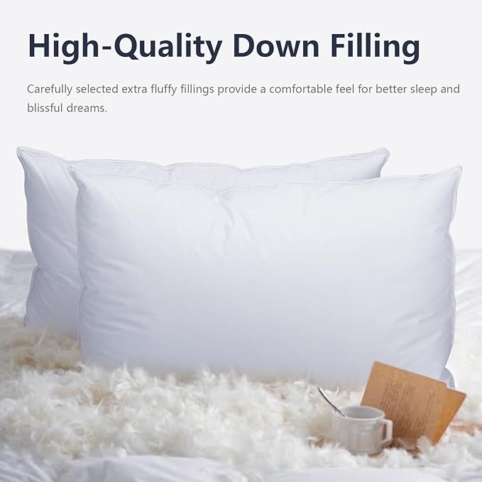 Set of 2 Standard Size Down Pillows - Goose Feather & Down Blend Pillows 440 Fill Power, 100% Cotton Cover, Hypoallergenic, Medium Support