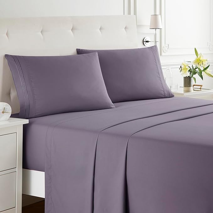 Clara Clark Bed Sheets, Premier 1800 Series Bed Sheet Set, Deep Pocket, Wrinkle, Fade, Stain Resistant, Luxury Soft Bedding Sheets & Pillowcases, King, Grayish Purple