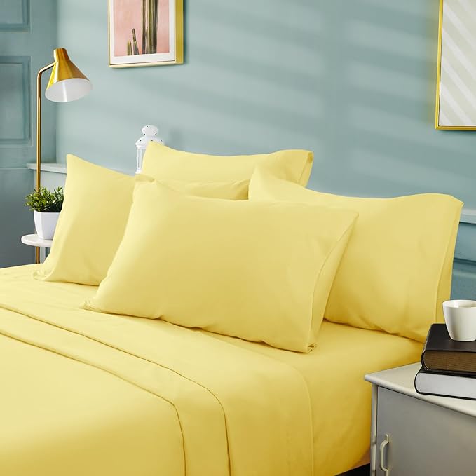 BYSURE 6 Pieces Bed Sheets Set(Queen, Yellow) - Hotel Luxury Super Soft 1800 Thread Count 100% Microfiber Sheets with Deep Pockets, Wrinkle & Fade Resistant
