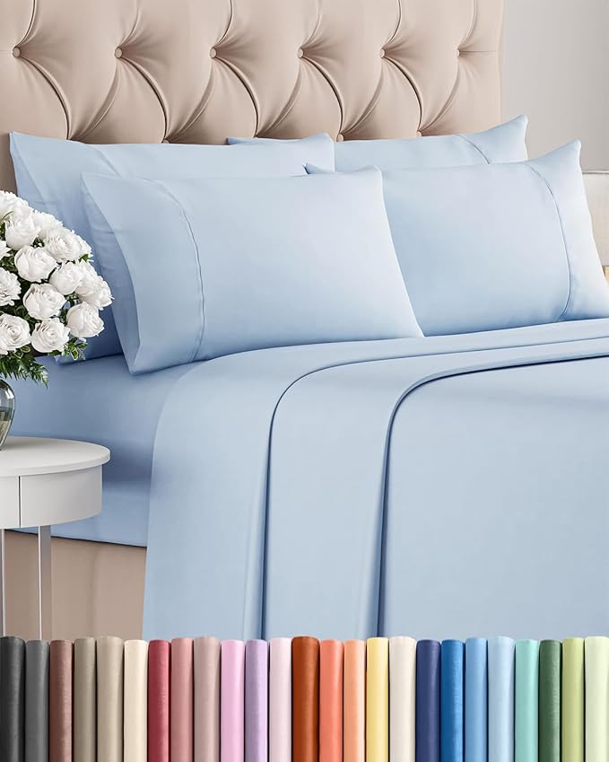 Cal King 6 Piece Sheet Set - Comfy Breathable & Cooling - Hotel Luxury Bedding for Women, Men, Kids, Teens & Children - 1 Flat & 1 Fitted Sheet & 4 Pillowcases w/ Deep Pockets, Wrinkle Free - Sky Blue
