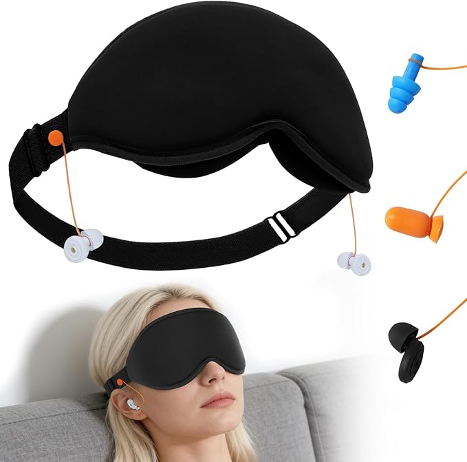 3D Contoured Sleep Mask with Earplug Retainer Cord,100% Pressure-Free & Total Light Blocking Eye Mask with Adjustable Strap. Ideal for Sleep Earplug User, Airplane Travel, Meditation Black