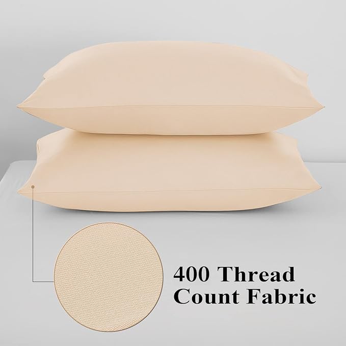 4 Pack 100% Egyptian Cotton Standard Pillow Protector with Hidden Zipper, 400 Thread Count Pillow Covers, Sateen Weave Cooling Bed Pillow Cases, Soft Breathable Non Noisy Easy Care (Beige)