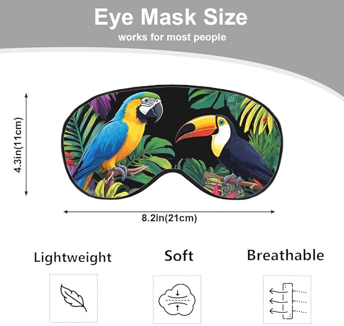 Tropical Birds Sleep Mask Eye Mask Plants Parrot Bright Leaves Colorful Bird Sleep Mask Light Blocking Adjustable Smooth Soft Eye Masks for Women Deep Rest Travel