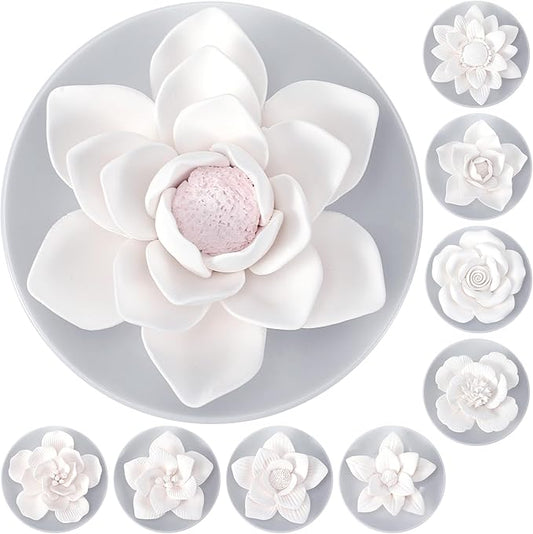 Bokon 9 Pcs Passive Essential Oil Diffuser Flower Style Non Electric Porcelain Aromatherapy Diffusers for Gifts Room Decorative(White)