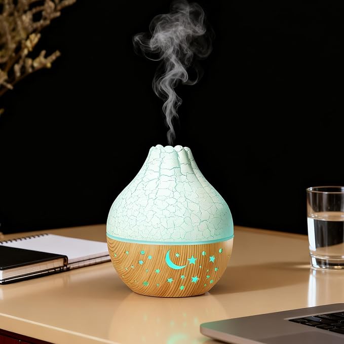 Air Diffuser Humidifier, Silent Ultrasonic Mini USB Humidifier, Aromatherapy Diffuser with Auto Shut Off Loop Lighting Wood Grain Design for Home Office Bedroom Spa (White Crack Light Wood