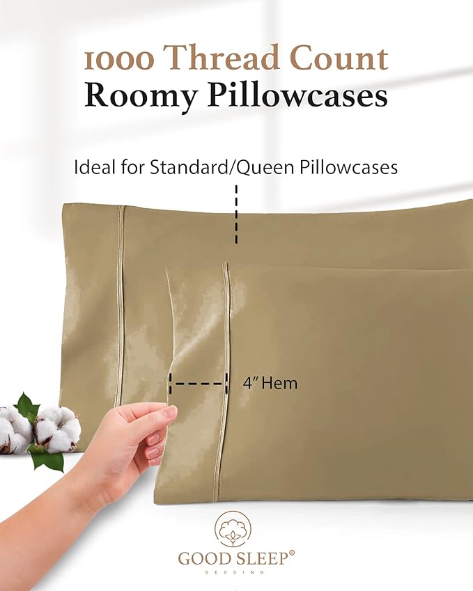 1000 TC Taupe Standard Pillowcases Set of 4 100% Egyptian Cotton Pillow Cases with Long Staple Cotton & Sateen Weave, Silky Soft Hotel - Like Bed Pillow Covers for Comfy Sleeping, Snug Fit