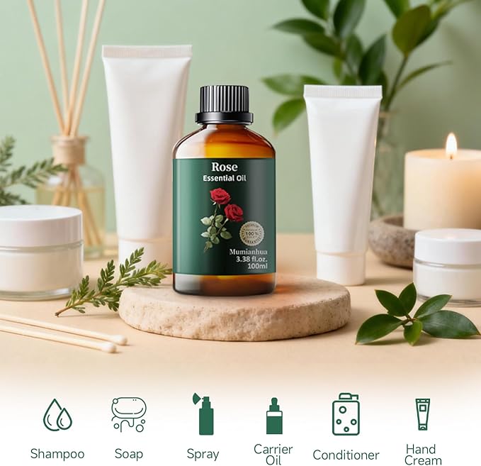 Rose Essential Oil,Pure Rose Oil for Reed Diffuser, Aromatherapy, Skin, Hair, Evening Relaxation &Pillow Spray, Mumianhua Natural Floral Aroma for Bedtime, Calming, Soap Candle Making 3.38 Fl Oz