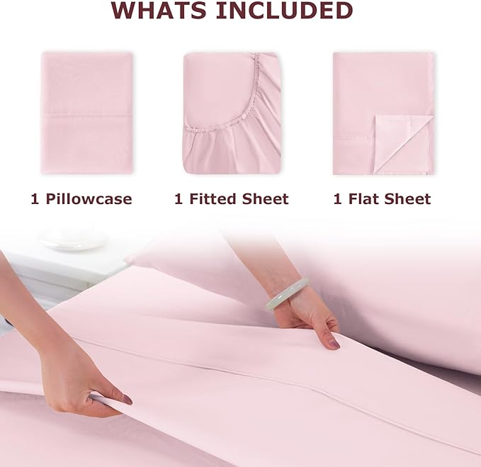 Twin XL Size Bed Sheet Set - 3 Piece Soft Microfiber Sheets with Deep Pockets, Cooling Technology, and Wrinkle-Free Pillowcase. Hotel-Quality, Durable Bedding, Light Pink