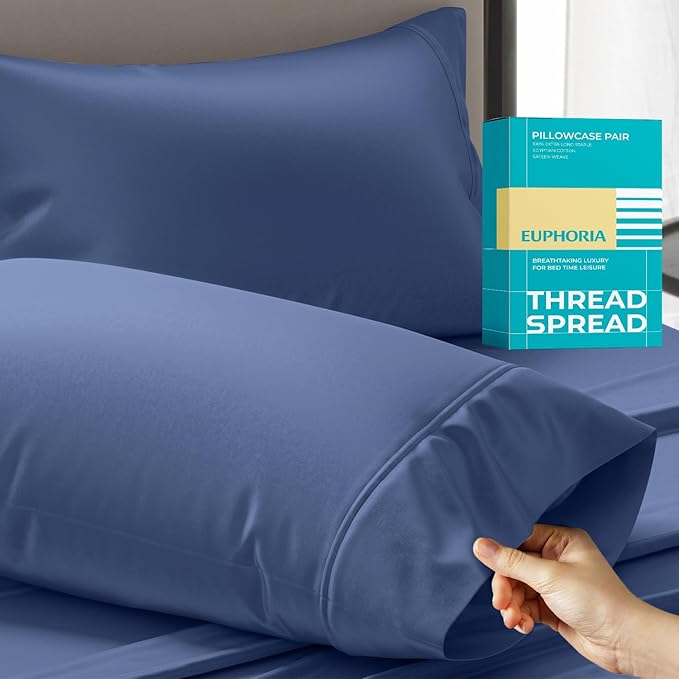 THREAD SPREAD 100% Egyptian Cotton King Size Pillow Cases Set of 2 - Luxury 800 Series Euphoria Collection Pillow Cases King Size (Deep Blue), Soft Cooling Breathable Hotel Cotton Pillowcases