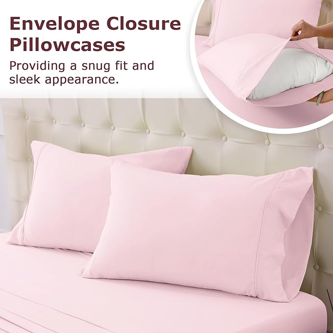 Twin XL Size Bed Sheet Set - 3 Piece Soft Microfiber Sheets with Deep Pockets, Cooling Technology, and Wrinkle-Free Pillowcase. Hotel-Quality, Durable Bedding, Light Pink