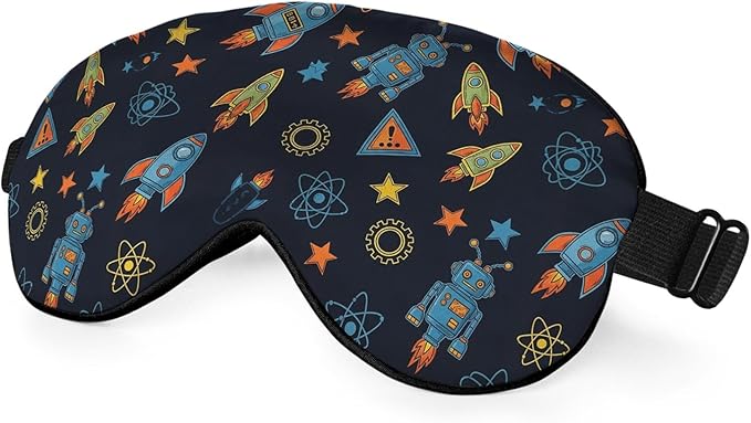 Cartoon Robot Sleep Mask Mechanical Equipment Tools Stars Planet Rocket Silk Eye Mask Sleeping Soft Eye Shade Cover for Men Women Boy Girl Airplane Travel with Elastic Strap