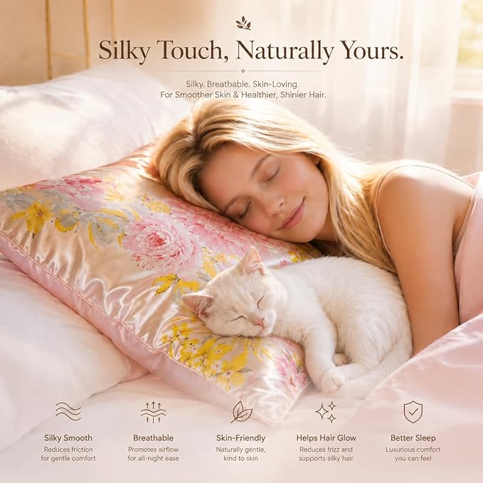 100% Mulberry Silk Pillowcase for Hair and Skin Care, Envelope Closure, Natural &Vintage Floral Printed Cooling & Slip Silk Pillow Case, Both Sides Soft Breathable, Queen Size, 1 Pack (Brown)