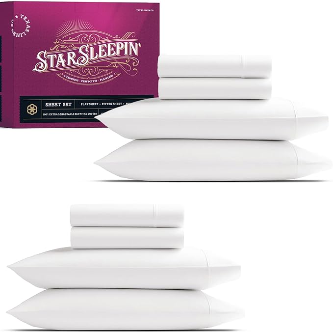 TEXAS LINEN CO. 100% Egyptian Cotton Sheets King Size Set Pack of 2 - Luxury 1200 Series Star Sleepin' Collection Sheets King Size (8 PC, White), 17" Deep Pocket, Soft, Sateen Hotel Bedding Set