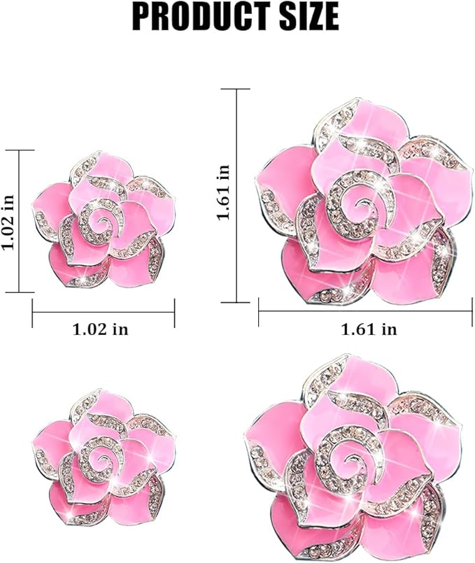 4PCS Bling Car Air Vent Clips, Flower Shiny Rhinestone Clip-on Vehicle Air Outlet Clamp, Sparkly Diamond Auto Interior Vent Decoration Clip, Universal for SUV Automobile Truck (Pink)