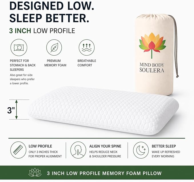 Thin Flat Memory Foam Pillow for Stomach Sleeping, Low Profile Back & Side Sleepers, 3-Inch Cooling Gel Pillow, Bamboo-Tencel Cover