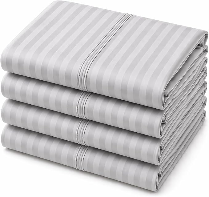 Mattress-Homes Pillowcases Queen Size Set of 4 Cotton Hotel Quality Premium Pillows for Sleeping, Smooth & Silky Cozy Breathable Bed Pillow Covers Machine Washable in Light Grey Stripe