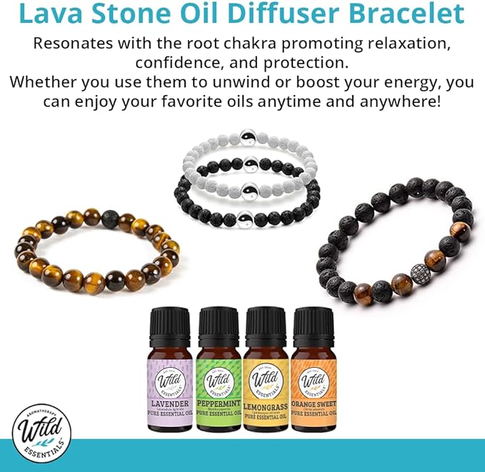 Wild Essentials 2 Bracelet Set, Yin Yang Lava Stones, White, Black, Expandable up to 8 inches, Aromatherapy Jewelry for Women, Men, Best Friends, His and Hers, Essential Oil Diffuser, Grounding Calm