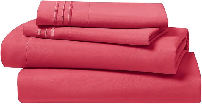 Clara Clark Bed Sheets, Premier 1800 Series 4 Piece Bed Sheet Set, Deep Pocket, Wrinkle, Fade, Stain Resistant, Luxury Soft Bedding Sheets & Pillowcases, California King, Coral Pink