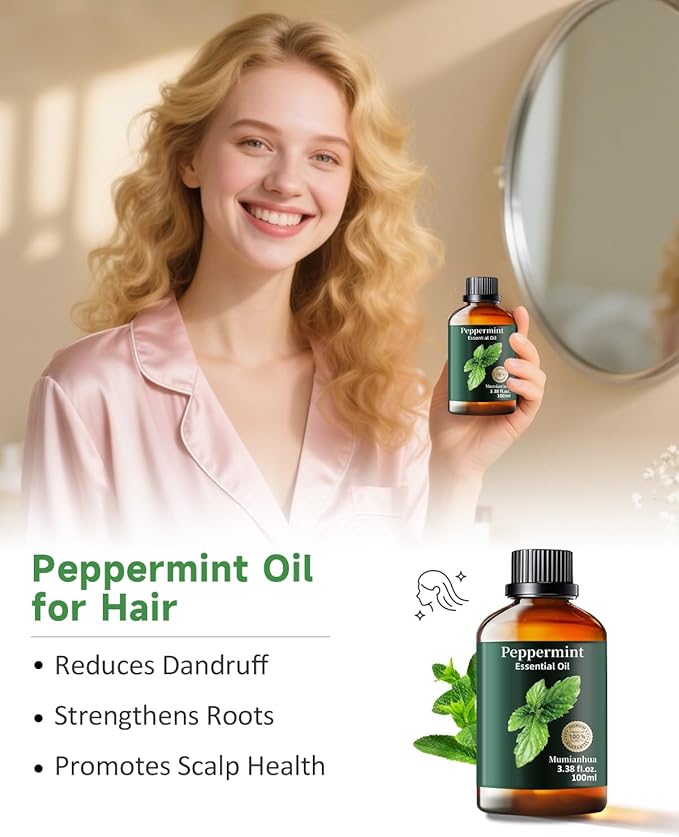 Peppermint Essential Oil,Mumianhua Pure Peppermint Oil, Steam-Distilled for Energy Focus & Soothing, Cooling Relief Oil for Diffuser, Skin,Hair & Natural Cleaning, 3.38 Fl Oz