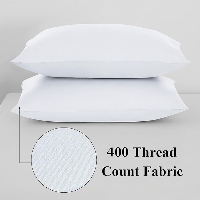 Pillow Protector Standard Size 100% Egyptian Cotton Pillow Covers, 400 Thread Count Sateen Weave Cooling Pillow Cases with Zipper Hidden, Breathable Non Noisy Easy Care, Set of 2 (White)