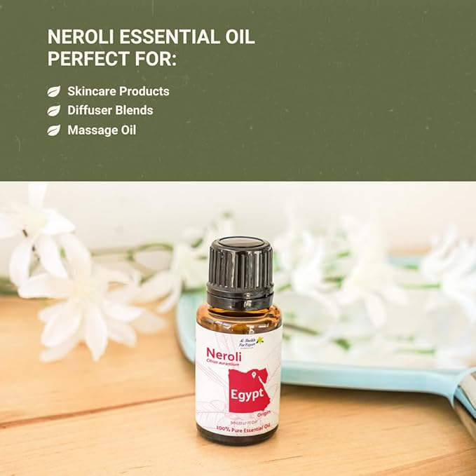 Neroli Essential Oil - Direct from Al Sheikh for Export Egypt - Steam Distilled - Aceite de Neroli for Aromatherapy, Massage, Diffuser, DIY Candle and Soap Making - 8oz