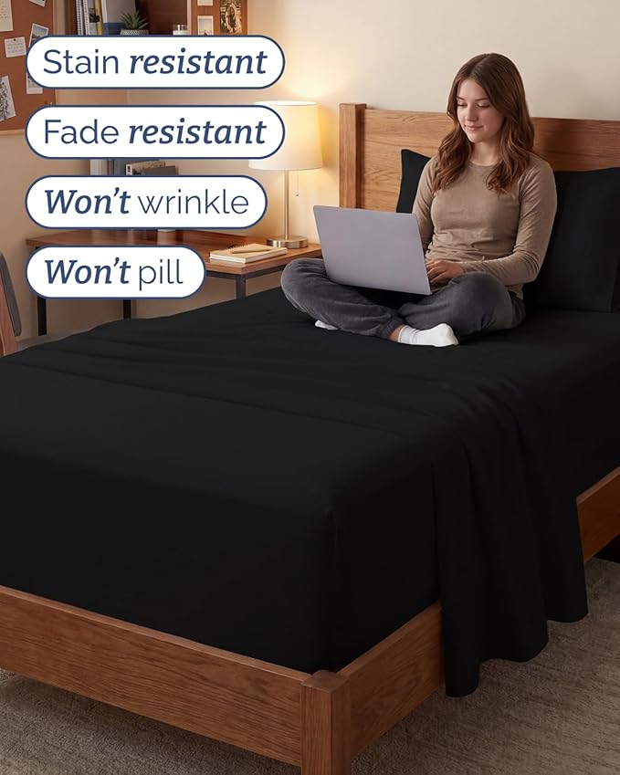 Extra Deep Twin XL Sheet Set - 3 Piece Breathable & Cooling Bed Sheets - Easily Fits 18 to 24 inch Mattress - Ultra Soft, Wrinkle & Fade Free w/ Extra Deep Pockets - Comfy Hotel Luxury Bedding - Black