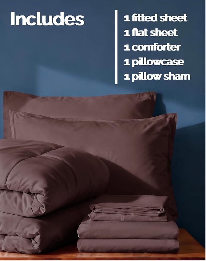 Twin Comforter Set - 5 Piece Bed in a Bag Twin Size Bed Set - Down Alternative Comforter, Flat Sheet, Fitted Sheet, Pillowcase & Sham for All Seasons - Ultra Soft, Comfy and Breathable - Brown/Beige