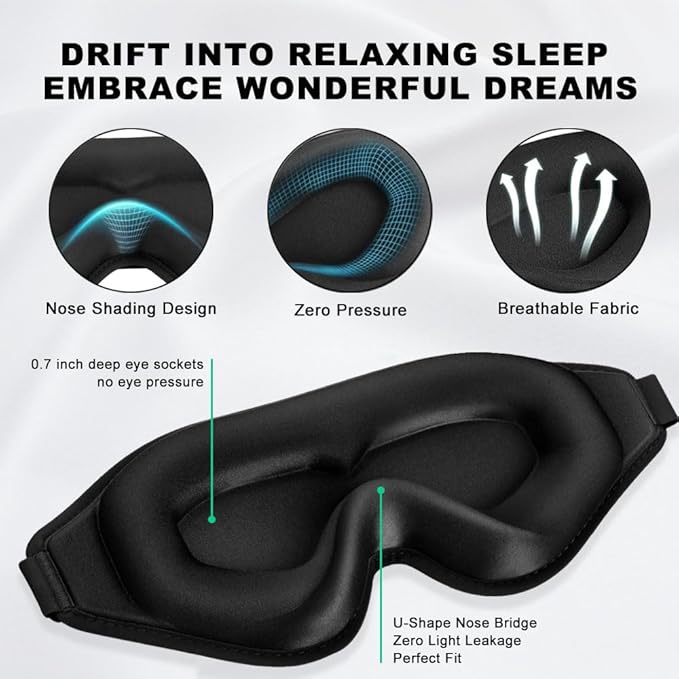 3D Sleep Mask for Side Sleepers Men Women Zero Eye Pressure Memory Foam Blackout Eye Mask Soft Breathable Light Blocking for Travel Yoga Napping Night Black