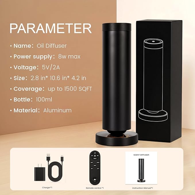 Waterless Diffuser, Cold Air Scent Diffuser with Night Light, Waterless Essential Oil Diffuser for Homes, Offices, Hotels - Covers 1000 Sq Ft - Black- Remote Control (Fragrance Not Included)
