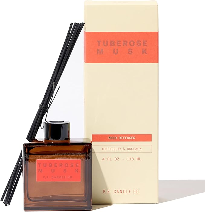 P.F. Candle Co. Tuberose Musk Premium Scented Reed Diffusers (4 fl oz) Luxury Cocoa Brown Glass Jar, Fine Fragrance Oil, Long-Lasting Flame-Free Scent