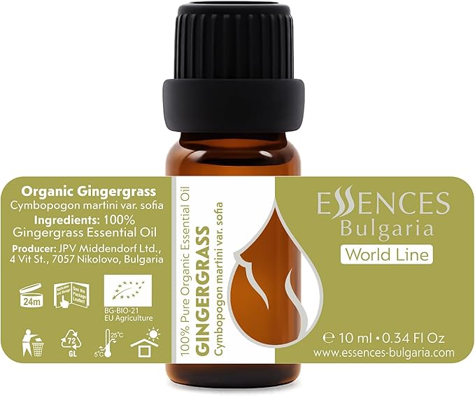 Essences Bulgaria Gingergrass Essential Oil 10ml (0.34 Fl Oz) | Cymbopogon Martini | 100% Pure and Natural | Undiluted | Aromatherapy | Cosmetics | Non-GMO | Cruelty-Free
