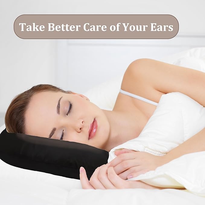 Ear Piercing Pillow for Side Sleepers with Ear Hole, Donut Pillow for Ear with Silky Pillowcase for CNH and Ear Pain Inflammation Pressure Sores Piercing, Ear Guard Pillow (Black Silk)