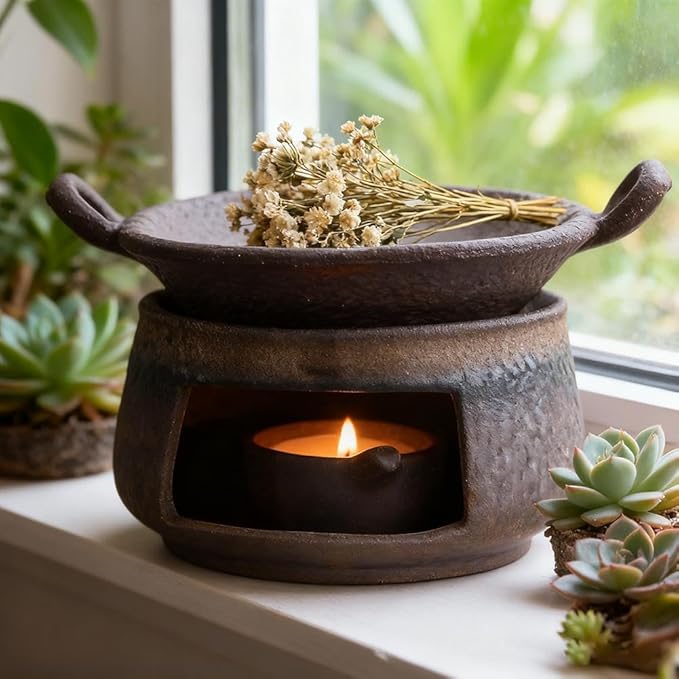 Ceramic Aromatherapy Stove Essential Oil Burner, Wellness Aromatherapy Kit, Zen Incense Burner Kit for Home Office, Tea Light Candle Holders Teapot Warmer for Meditation