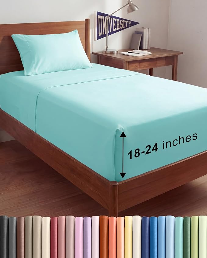 Extra Deep Twin XL Sheet Set - 3 Piece Breathable & Cooling Bed Sheets - Easily Fits 18 to 24 inch Mattress - Ultra Soft, Wrinkle & Fade Free w/ Extra Deep Pockets - Hotel Luxury Bedding - Spa Blue
