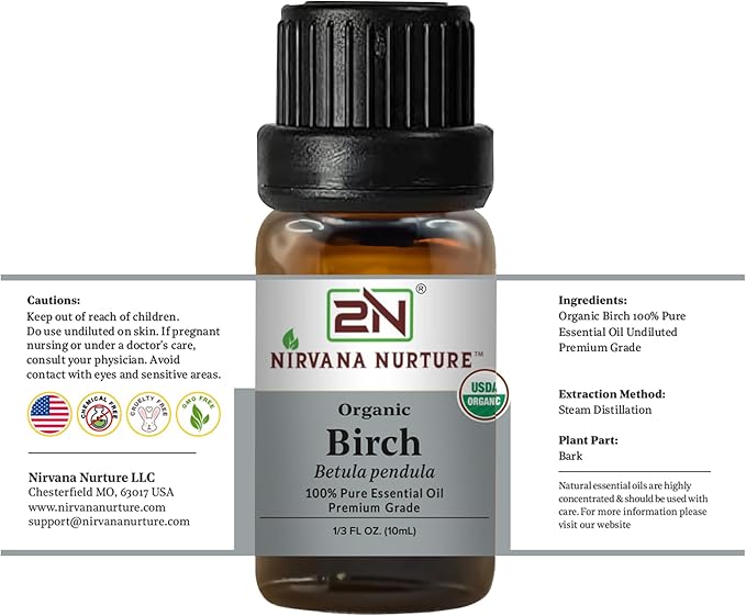 Birch Essential Oil, USDA Certified Organic, 100% Pure Undiluted, Aromatherapy Oil for Diffuser, Hair & Skin Care
