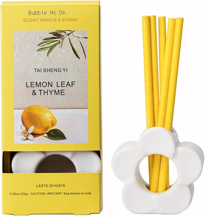 Liquid Free Non-Toxic Air Freshener for Home Diffuser Fragrance Lasts Over 30 Days Kit Includes 1 White Ceramic Base and 5 Scent Sticks (Lemon Leaf and Thyme)