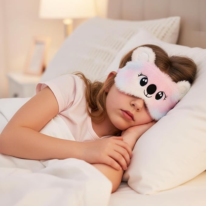 Kids Sleeping Mask, 2 Pcs Cute Plush Cat Sleep Mask for Kids Soft Comfortable Colorful Night Eye Masks Funny Animal Blindfold Eye Cover for Women Home Travel Nap (Cat, Koala)