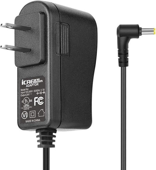 24V Power Cord Adapter, iCreatin 24V 0.5A 0.65A AC to DC Adaptor Power Supply Replacement Cable for 100ml / 120ml / 300ml / 500ml Essential Oil Diffuser 5.9Ft, UL Listed, Black