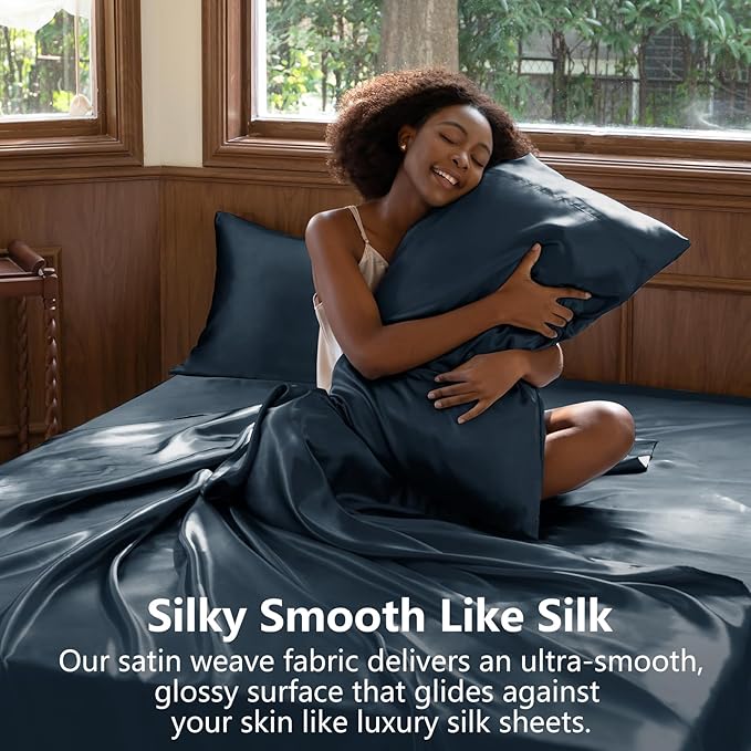 CozyLux Satin Sheets Full Size Sheets - 4 Piece Silky Full Size Bed Sheets, Luxury Steel Blue Full Bed Set with Smooth and Soft Microfiber, Includes 1 Fitted Sheet, 1 Flat Sheet and 2 Pillowcases