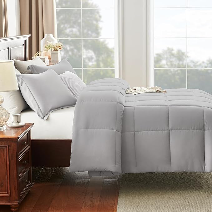 CozyLux King Size Comforter Set - French Grey Comforter King, 3 Pieces Box Stitched Bed Set for All Seasons, Soft Lightweight Bedding Sets with 1 Down Alternative Comforter and 2 Pillow Shams