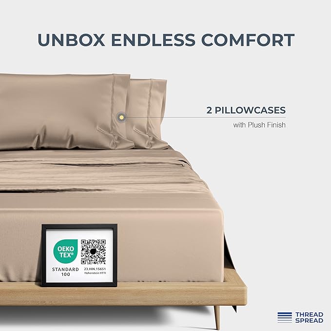 THREAD SPREAD 100% Egyptian Cotton King Size Pillow Cases Set of 2 - Luxury 1500 Series Pillow Cases King Size (Taupe), Soft Cooling Envelope Closure Hotel Quality Egyptian Cotton Pillowcases