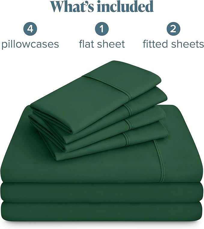 Bare Home Hotel Luxury Split King Sheet Set, Extra Soft, Deep Pockets, Easy Fit, Cooling & Breathable, Wrinkle, Fade, Stain Resistant, Includes 4 Pillowcases (Split King, Forest Green)