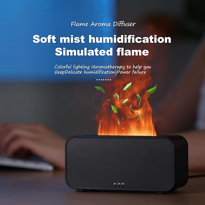 Mini Humidifier with LED Flame, Multiple Color Modes, 120 ml, Essential Oil Humidifier with Timer Adjustment and Waterless Auto Shut-Off for Home, Bedroom and Office(Black)