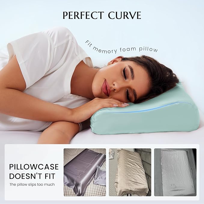 THXSILK 19 Momme 100% Mulberry Silk Pillowcase for Contour Memory Foam Pillow, Contour Pillow Case Cover, Cervical Pillow Case, Pack of 1(Light Blue, 21"x14.5"x4.9"/4.2")