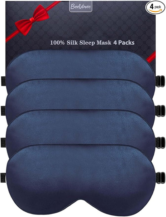 BeeVines Sleep Mask, 4 Packs 100% Real Natural Pure Silk Eye Masks with Adjustable Strap for Sleeping, Mulberry Silk Eye Sleep Shade Cover, Block Light Reduces Puffy Eyes Traveling Gifts(Blue)