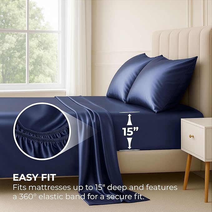 Satin Sheets California King [4-Piece, Midnight Blue] Hotel Luxury Silky Bed Sheets - Soft Microfiber Sheet Set, Wrinkle, Fade, Stain Resistant - Deep Pocket Fitted Sheet, Flat Sheet, Pillow Cases